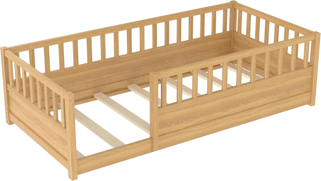 Twin Floor Bed with high Fence, Solid Pine Wood Montessori Bed for Kids Girls Boys Floor Bed Frame,Natural with slats