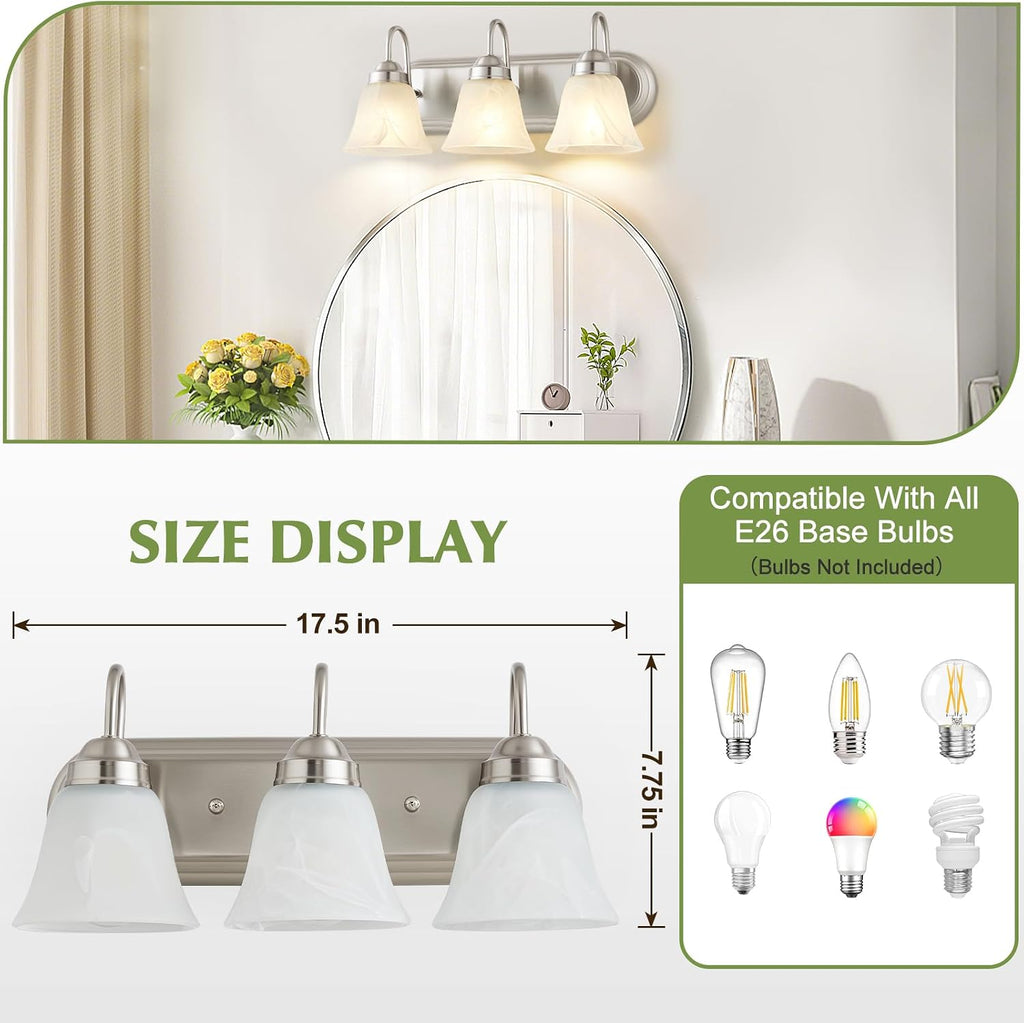 3 Light Bathroom Vanity Lights, Bathroom Light Fixtures Over Mirror, Modern Lighting Fixtures Brushed Nickel Wall