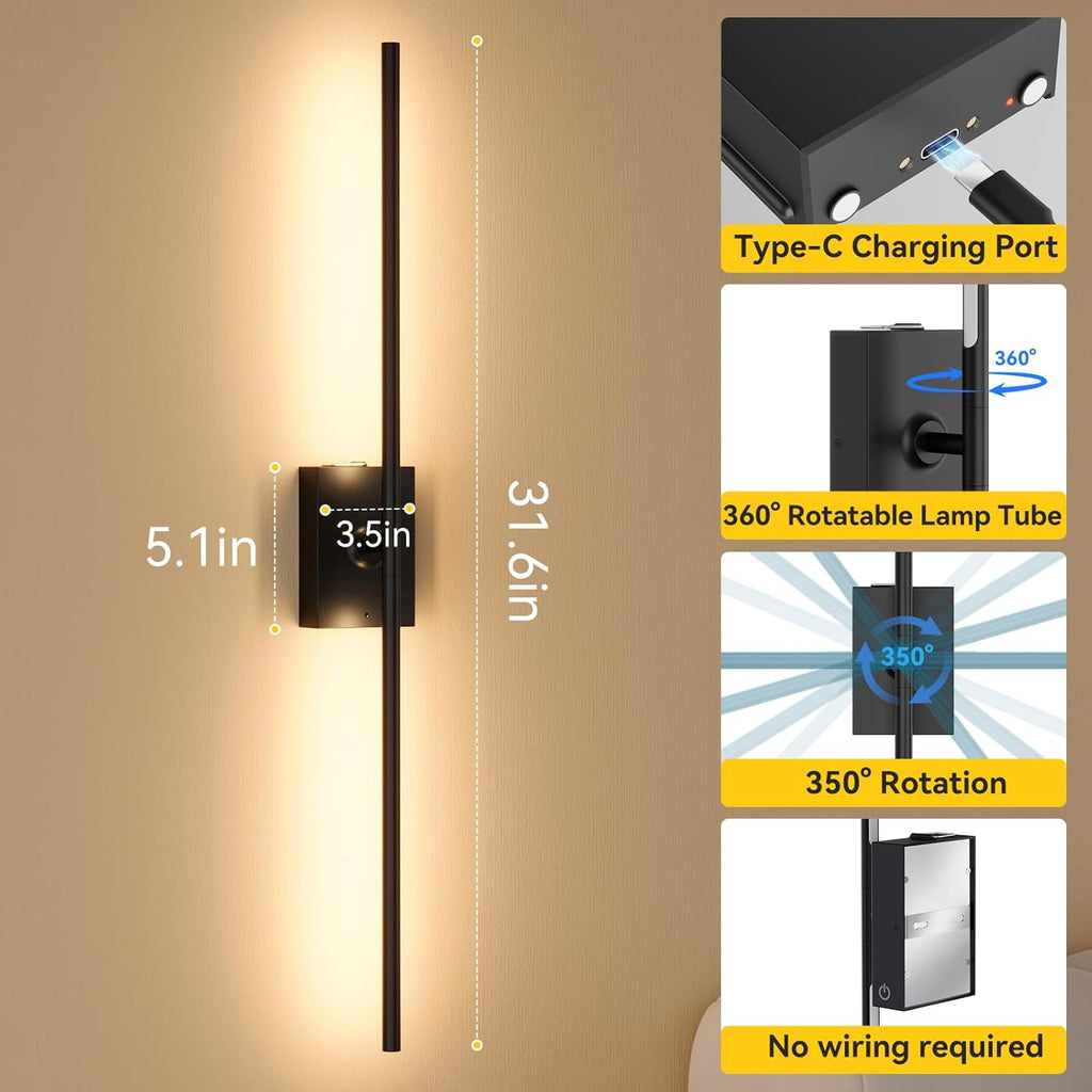 Battery Operated Wall Sconces Set of 2, 10000mAh Wireless Rechargeable 3000-6000K Dimmable 350° Rotate Wall Light