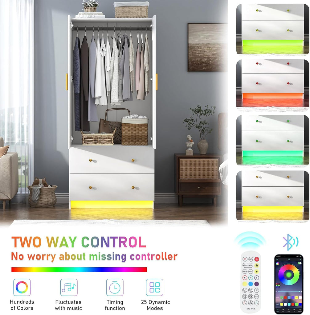 2 Doors Armoire Wardrobe Closet with Mirror, LED Closet with Doors and Drawers, Wooden Wardrobe Storage Cabinet with