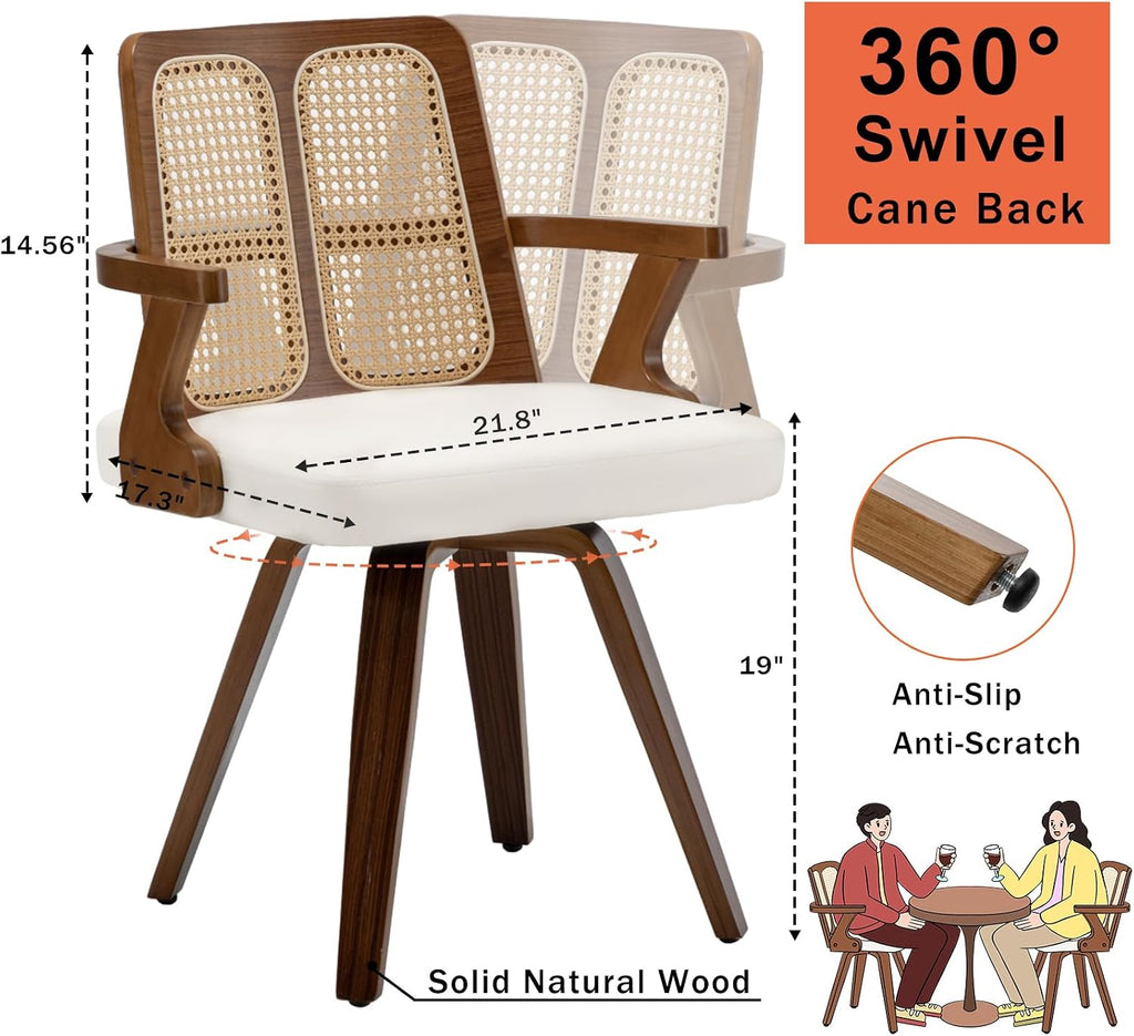 Walnut Dining Chairs - Swivel Rattan Dining Chairs with Bentwood Frame with Ergonomic Cane Back, Curved Arms, MCM