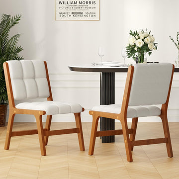 Oak Wooden Dining Chairs Set of 2, Mid-Century Modern Linen Fabric Upholstered Kitchen