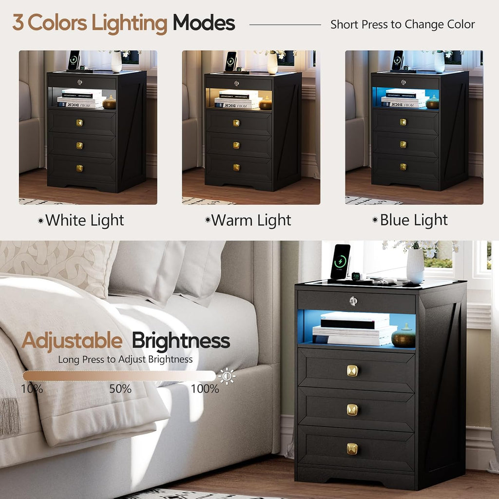 Smart Nightstand with Lockable Gun Drawer,Farmhouse Bedside Table with Charging Station and 3 LED Lights, Modern