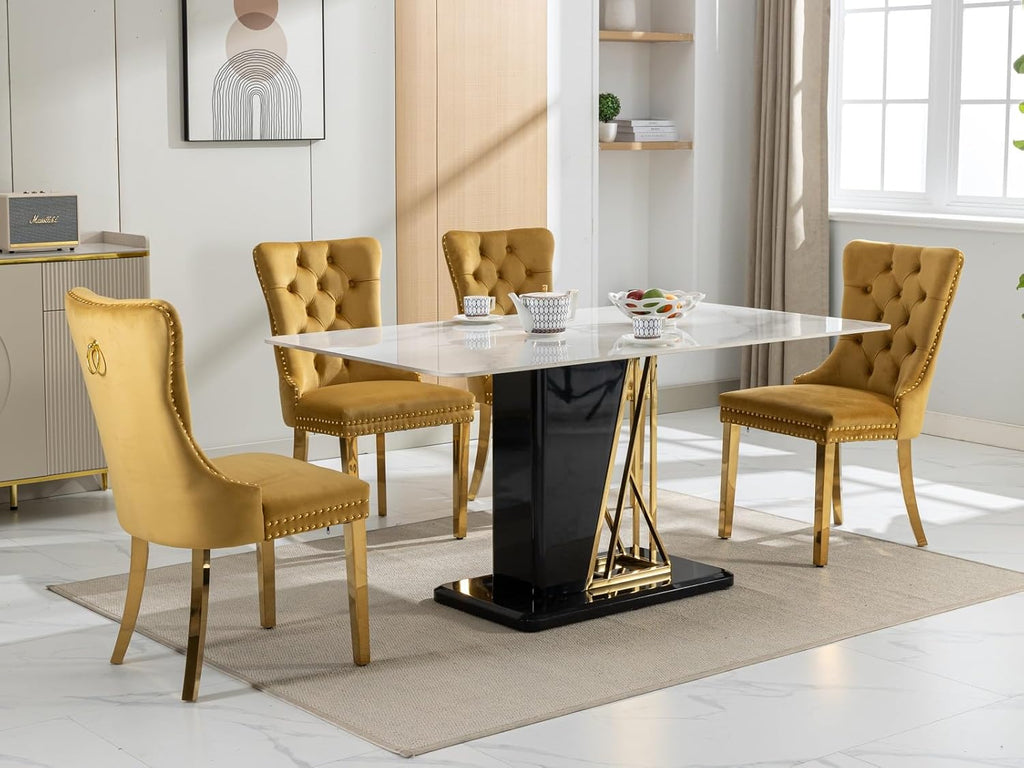 Velvet Dining Chair Set of 2, Tufted Upholstered High Wingback Chairs with Nailhead Trim, Pull Ring Back, Gold