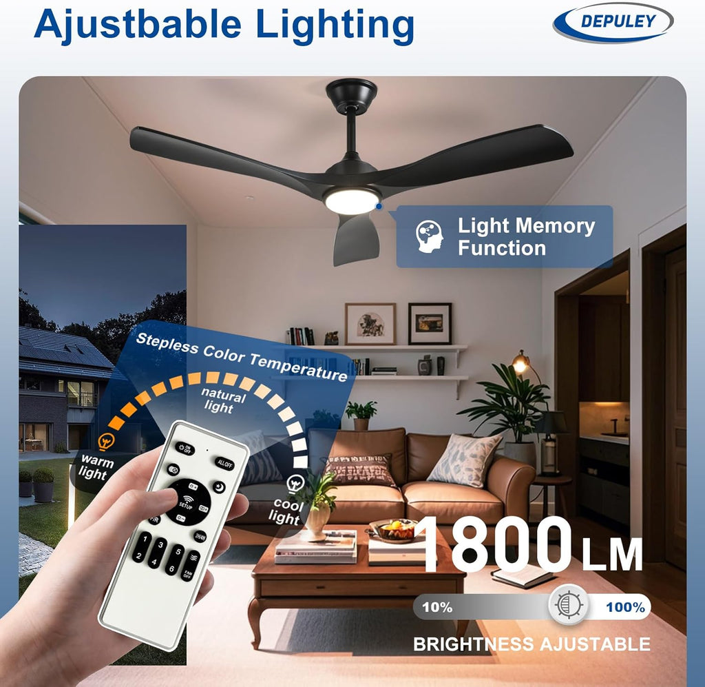 52-Inch Ceiling Fan with Light: Black 3 Blade Outdoor Fans for Patios - Dimmable Indoor Fan with Remote APP Control Ultra Quiet DC Motor Reversible 6 Speed Timer