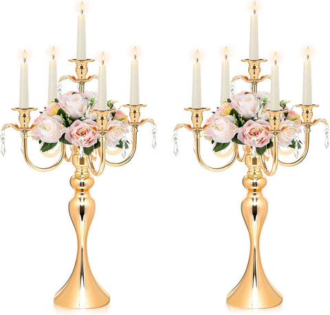 2PCS Gold 5-Arm Candelabra Centerpiece - 20.3" Tall Metal Candle Holdervents, Dining Room, Church Decorations