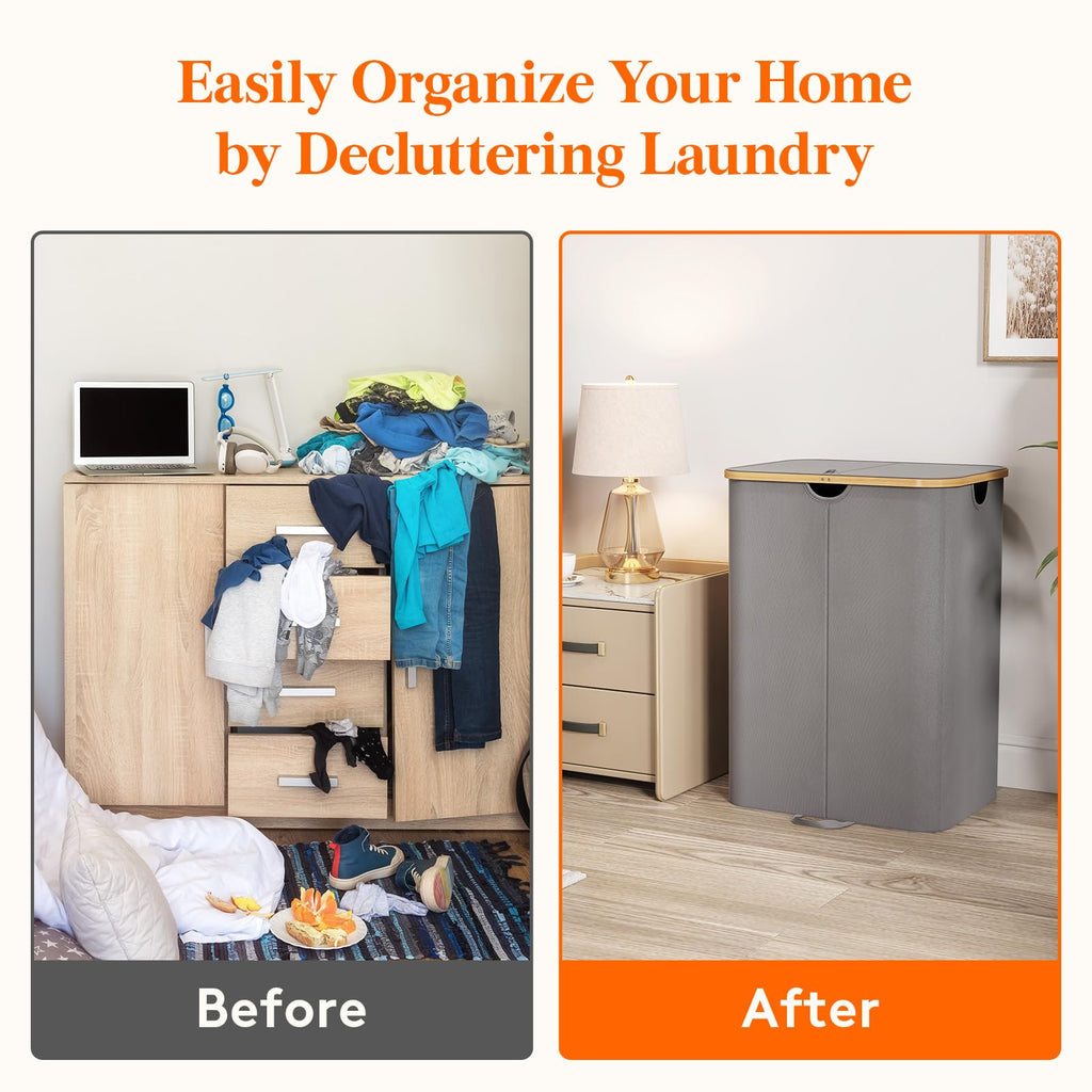 150L Double Laundry Hamper with Lid and Removable Bag, Gray