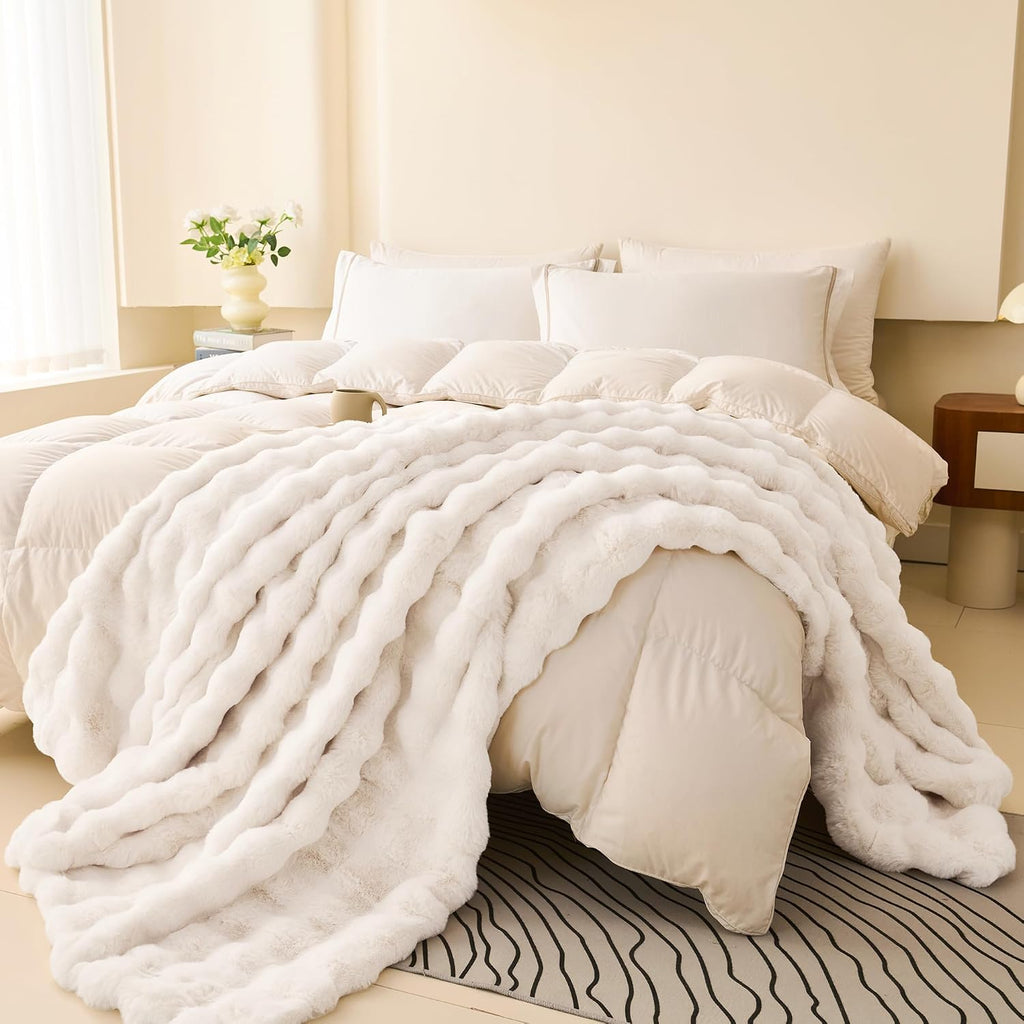 Soft Fluffy Faux Fur Throw Blanket 50"x60", Plush Thick Bubble Textured Blanket, Cozy Fuzzy Luxury Room