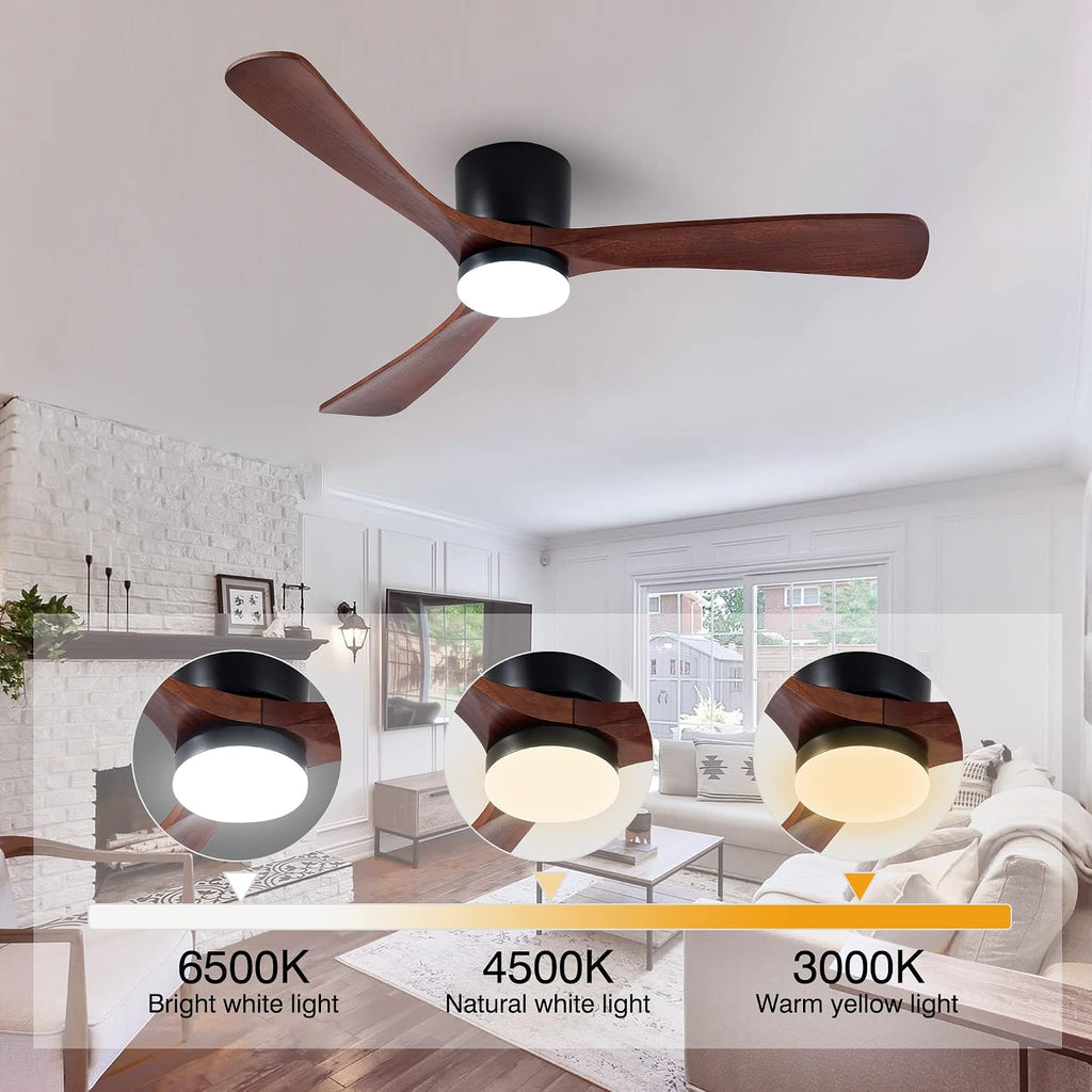 Modern 52 Inch Low Profile Flush Mount Ceiling Hugger Fan with LED Lights and Remote Control - 3 Wood Blades, Reversible DC Motor, 6 Speeds, Timer - Walnut and Matte Black