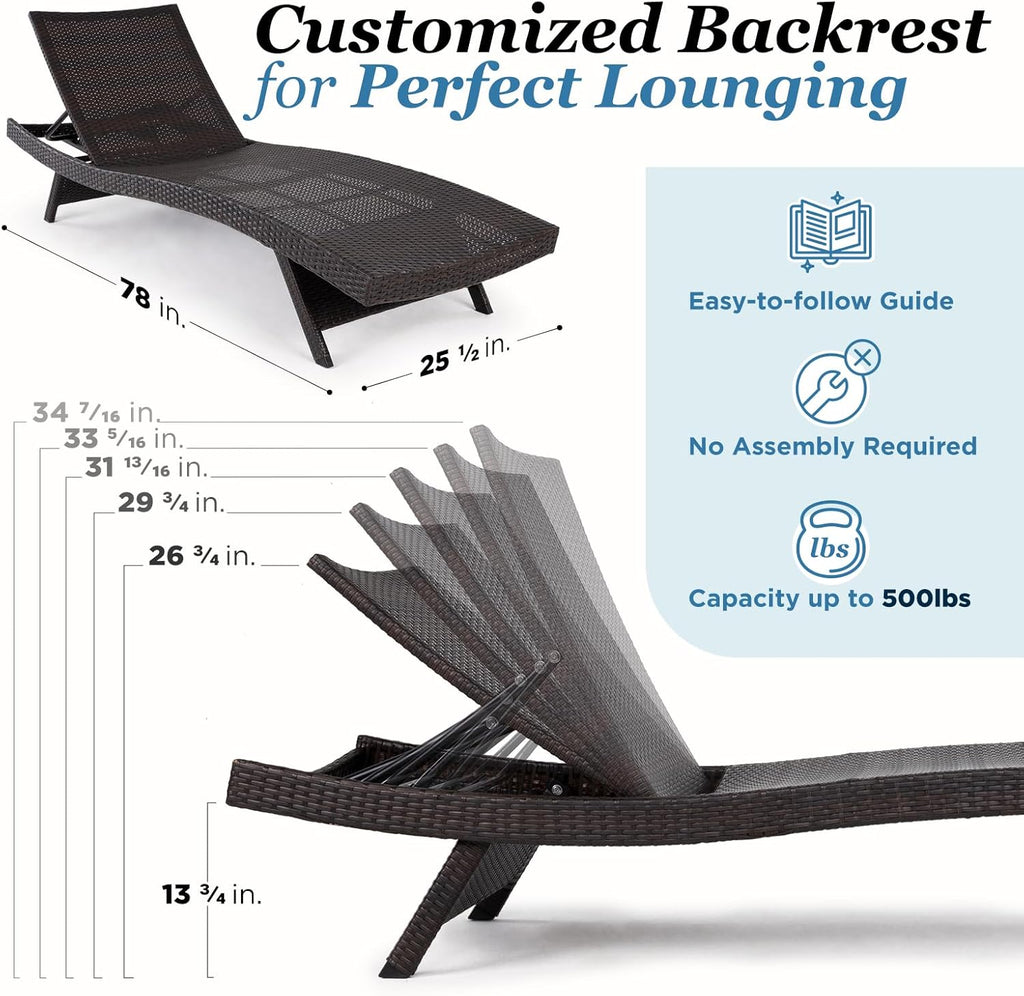Katalina Chaise Lounge Set of 2-500lbs Support, UV Wicker, Ergonomic Wave Design, Reclining Backrest
