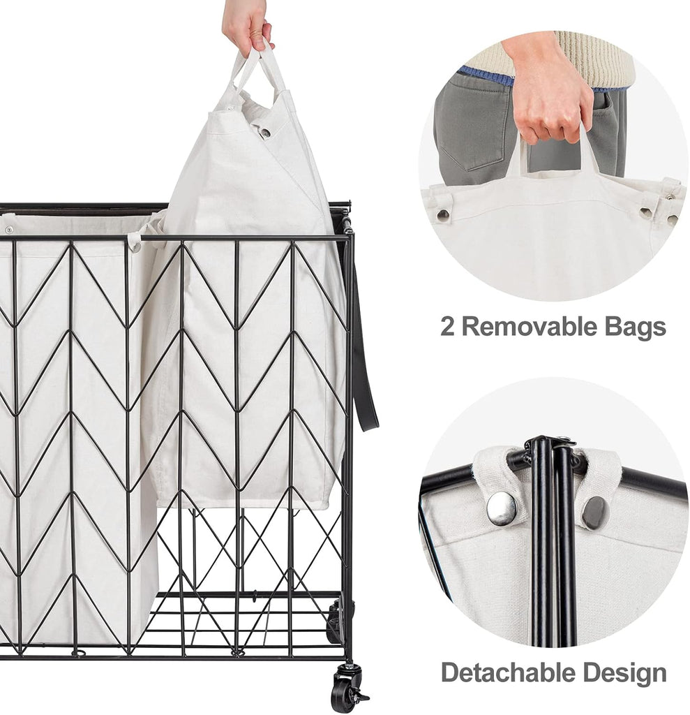 Double Laundry Hamper with Lid, Rolling Laundry Basket with Wheels | Heavy Duty Wire Clothes Hamper with Divided