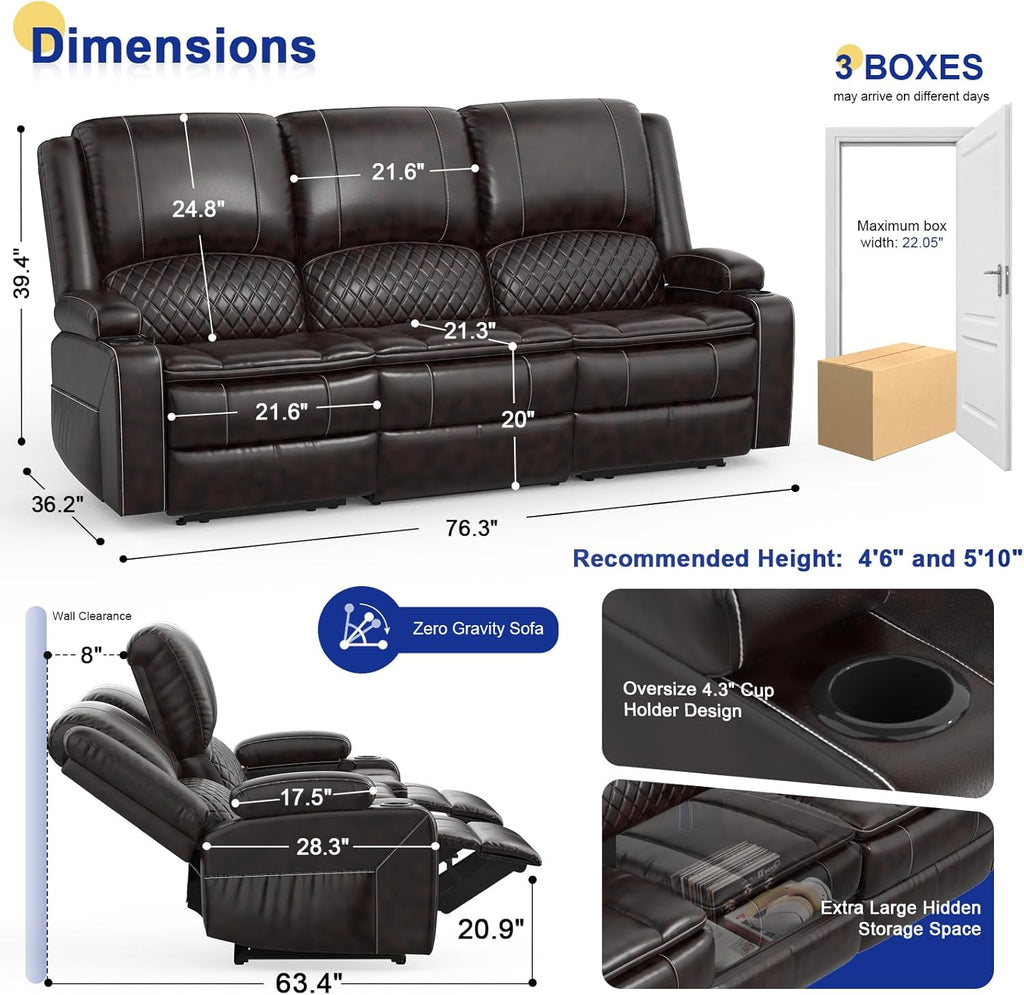 Recliner Sofa 3 Seater Sofa with Recliner, Home Theater Seating with Liftable Console & Removable Armrest