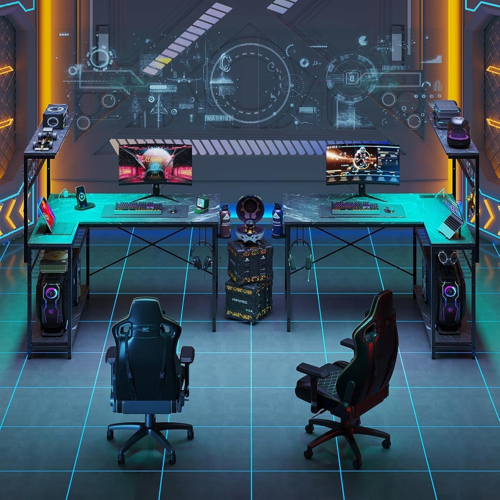42 L Shaped Gaming Desk, Computer Desk with Power Outlets & LED Light, Reversible Corner Desk with Shelves