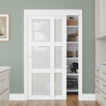 Bypass Glass Sliding Closet Door 48x80, Double Closet Panels with Hardware & Fascia, 3 Lite Frosted 