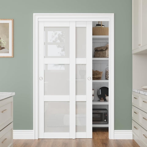 Bypass Glass Sliding Closet Door 48x80, Double Closet Panels with Hardware & Fascia, 3 Lite Frosted 