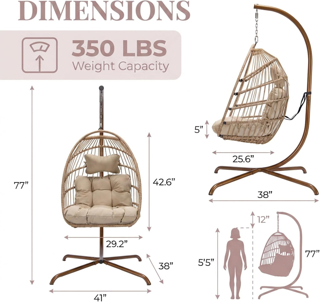 Hanging Egg Chair with Stand, Boho Wicker Egg Swing Chair | 350 Lbs Capacity, Beige Boho Wicker Egg Swing Chair
