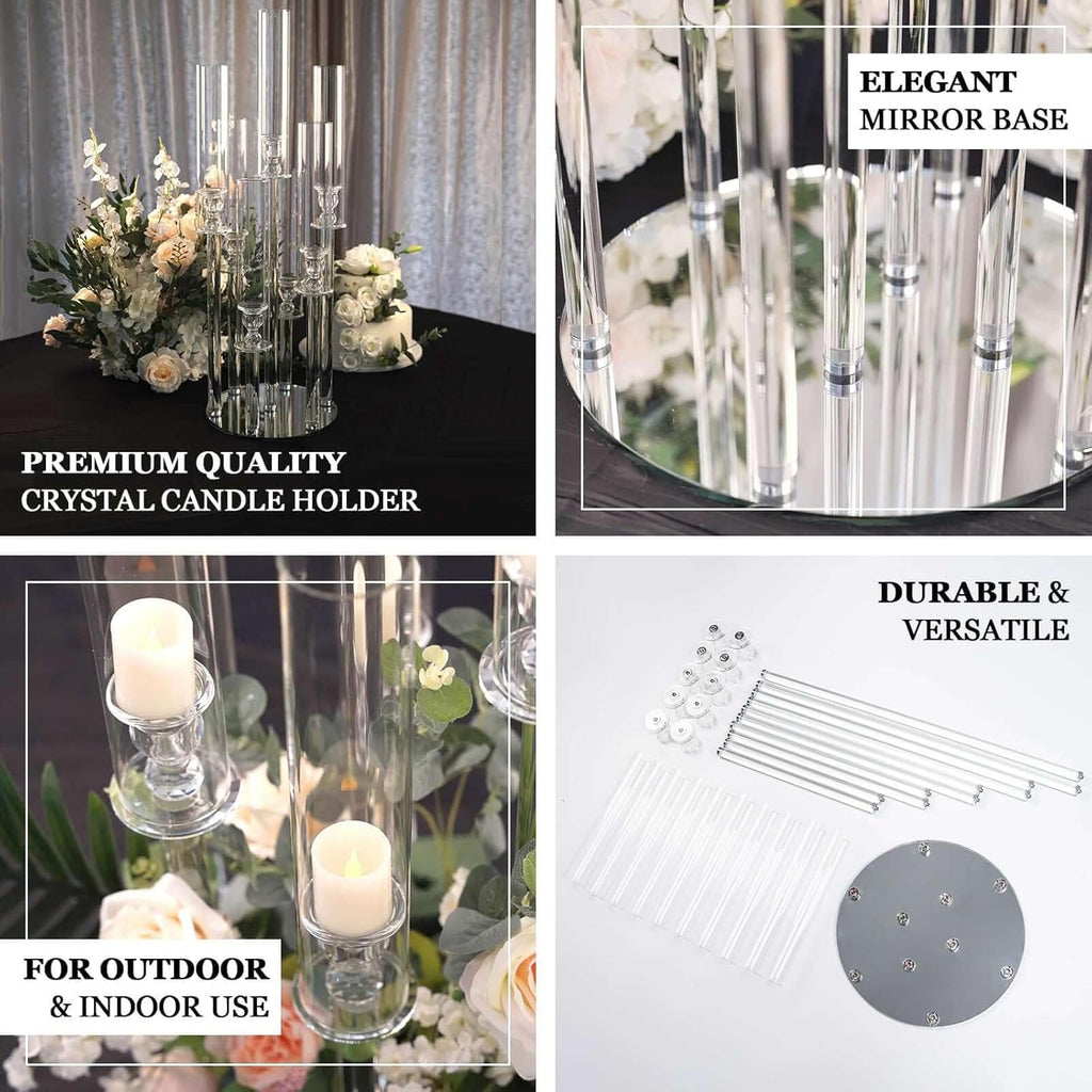 47" Tall - 10 Arms Clear Crystal Cluster Round Candelabra, Pillar Candle Holders with Mirror Base , Party Decorations