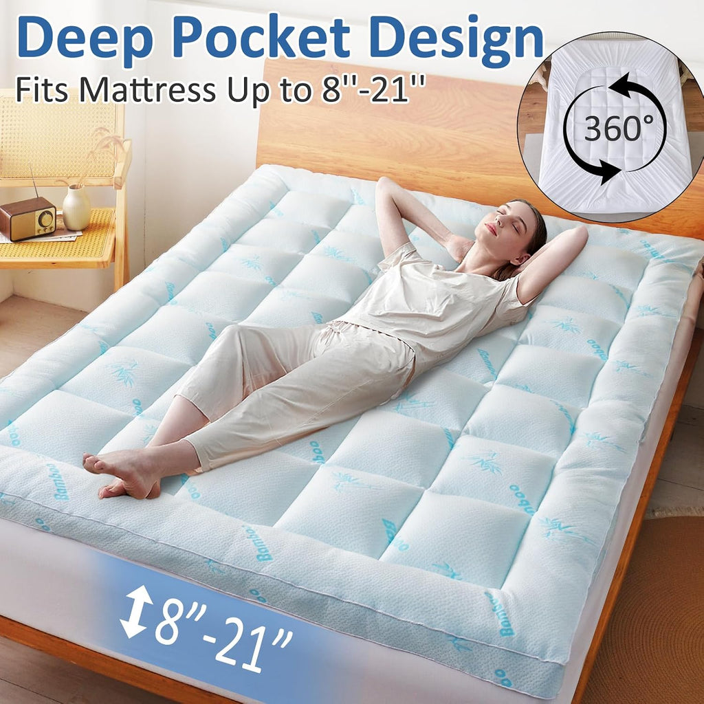Mattress Topper Full Size - Cooling Extra Thick Breathable Viscose Made from Bamboo Mattress pad - Soft Quilted