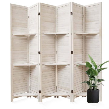 Partition Room Dividers, Folding Wood Privacy Screen with Three Display Shelves Suitable, Study, Art Display - 6