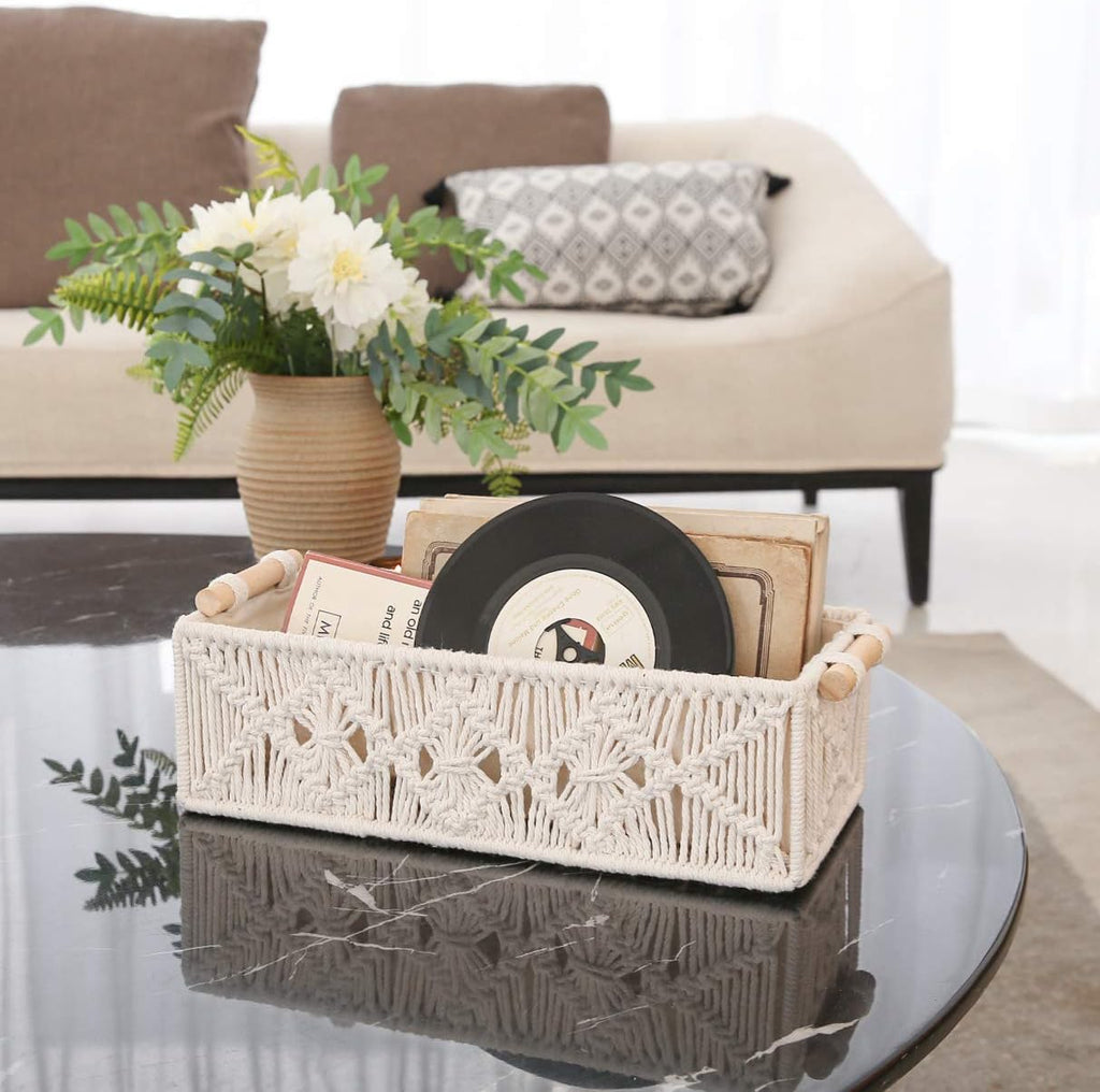 2Pc Macrame Storage Baskets, Boho Bathroom Toilet Paper Holder, Ivory | Small Baskets for Organizing, Hand-Woven