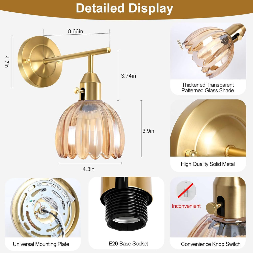 Vintage Gold Wall Sconces Set of 2 with Cute Amber Tulip Glass Lampshade, Hardwired and Wireless Wall Mounted Light