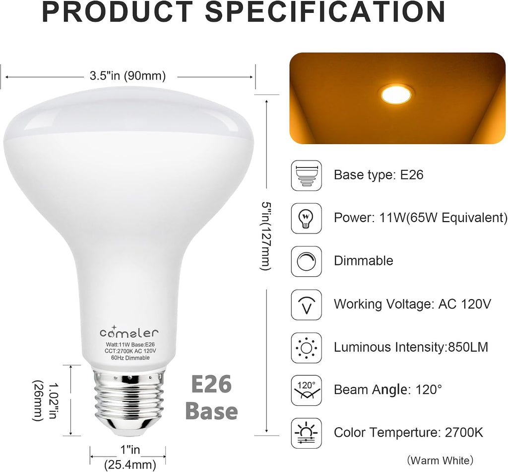 6 Pack BR30 Flood LED Light Bulbs, 2700K Warm White, 65W Equivalent, E26 Base Recessed Can Light Bulbs, Dimmable