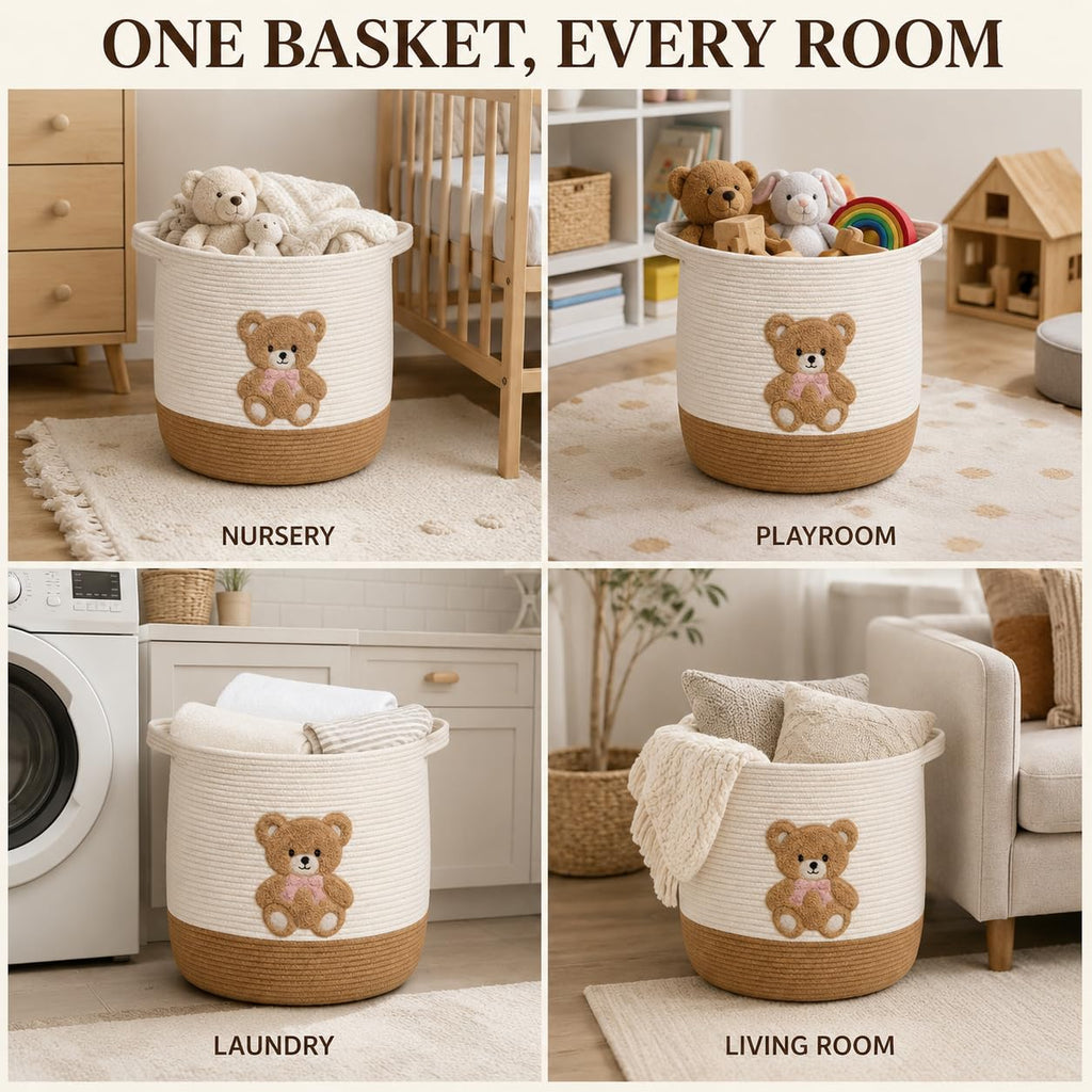 Teddy Bear Nursery Basket, Cotton Rope Baby Laundry Hamper with Handles