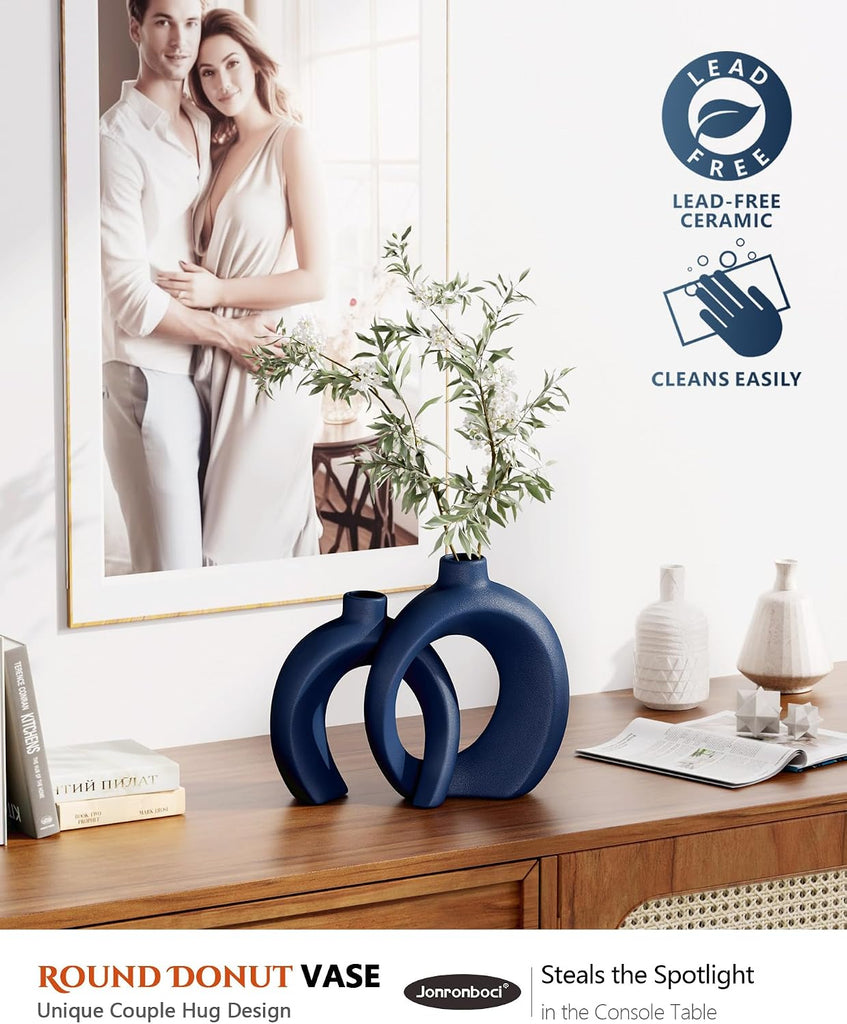 Blue Vase Set of 2 - Donut Navy Vases Home Decor, Modern Coastal Decor - Decorative Vase, Ceramic