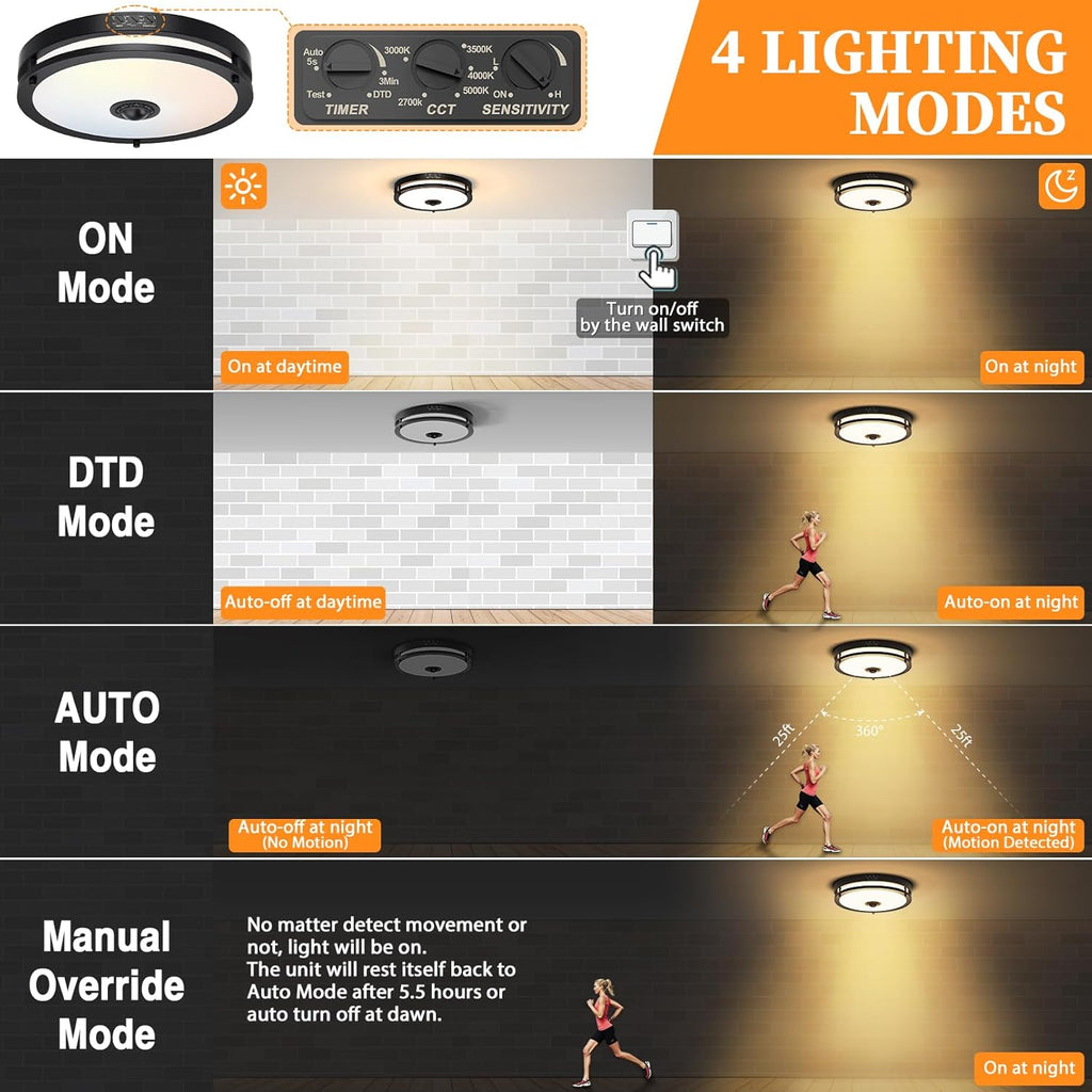 24W LED Motion Sensor Outdoor Ceiling Light, 12IN LED Ceiling Light, 5 Color Options