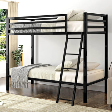 Metal Bunk Bed Twin Over Twin for Junior & Adults with Ladder and Heavy Duty Guardrail