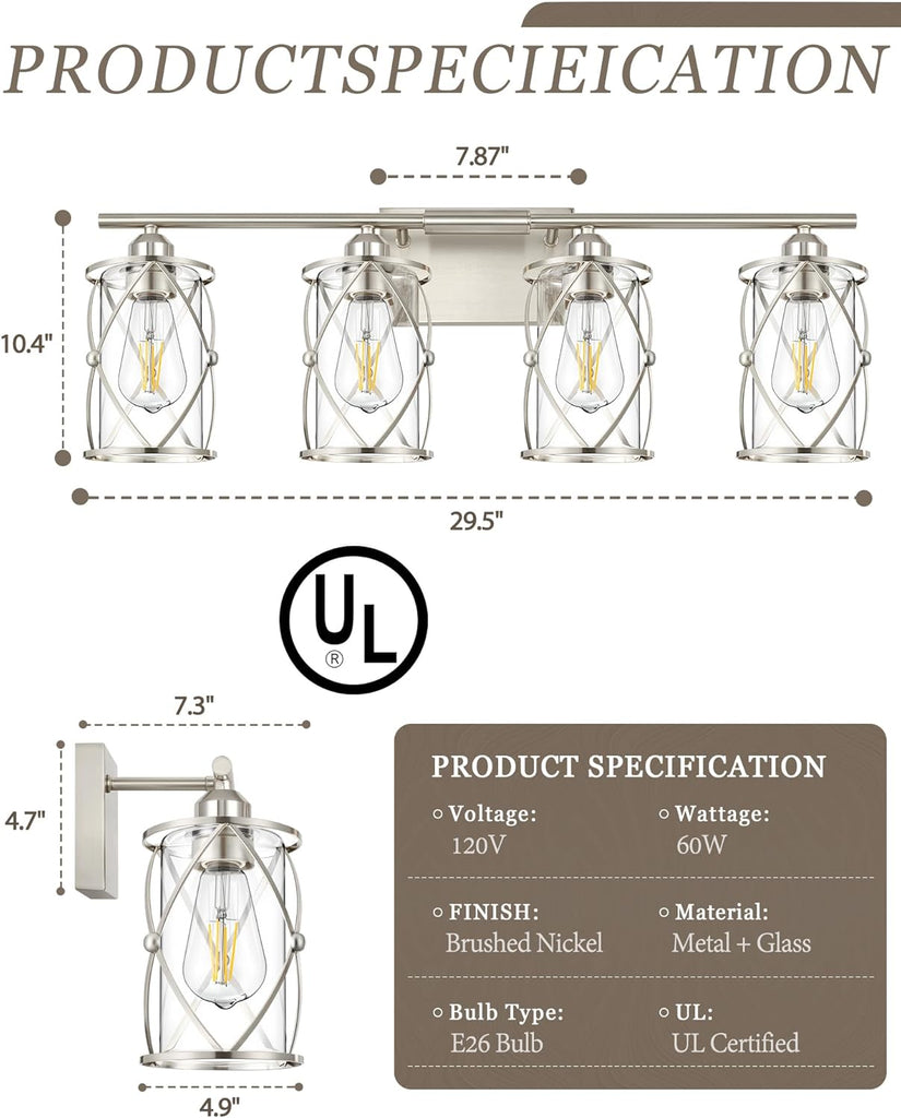 4-Light Brushed Nickel Bathroom Light Fixtures, 29 Inch Modern Bathroom Vanity Lighting Fixtures Over Mirror with