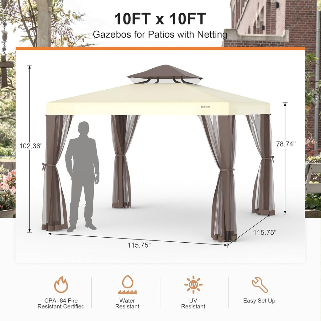 Patio Gazebo Tent Outdoor Canopy Shelter 10'x10' with Removable Netting,100 Square Feet of Shade and Lawns (Beige)