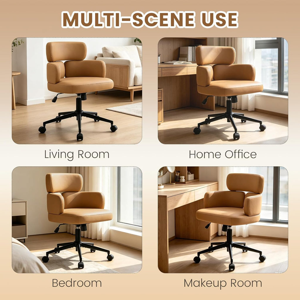 Leather Home with Unique Curved Back, Wide Seat Computer Desk Chair with Wheels,Swivel Tilt & Height Adjustable,Matel