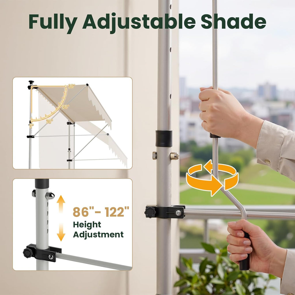 Manual Retractable Awning - 118" x 47" Patio Outdoor Door Window Awning Canopy, Adjustable Height 86-122", UV &