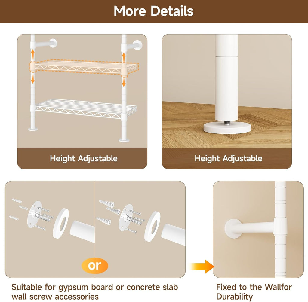 H5 Wall Mounted Closet System, Industrial Pipe Clothes Racks Clothing Rack with 4 Telescopic Rods & 3 Fixing Rods & 9