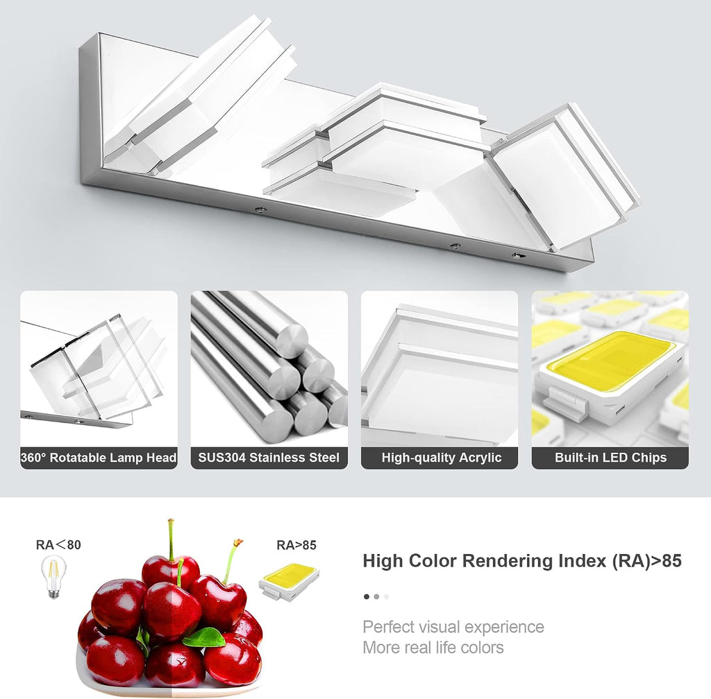 3 Color Temperature Dimmable Bathroom Light Fixtures over Mirror, LED Chrome 3 Light Vanity Lighting Fixtures