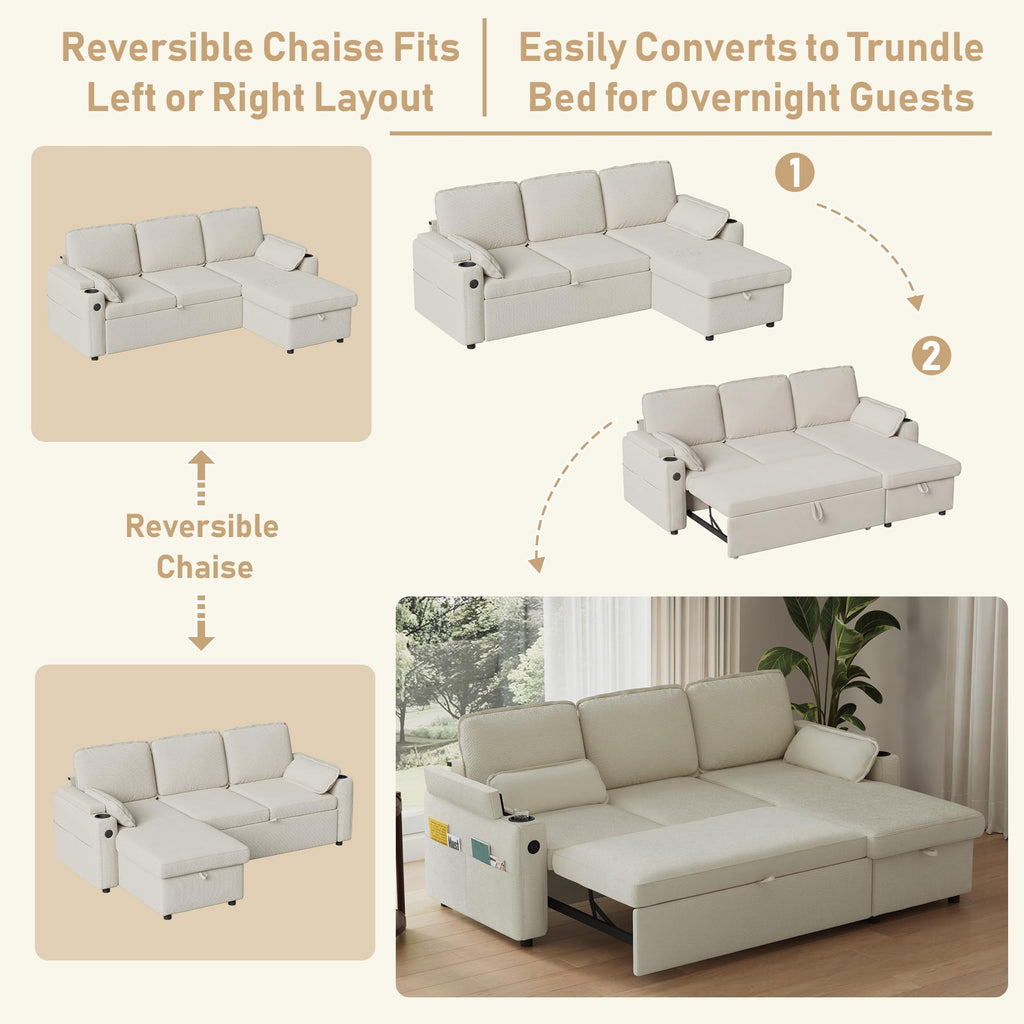 80" Sofa Bed Pull Out L Shaped Couch with Storage Chaise, Beige White