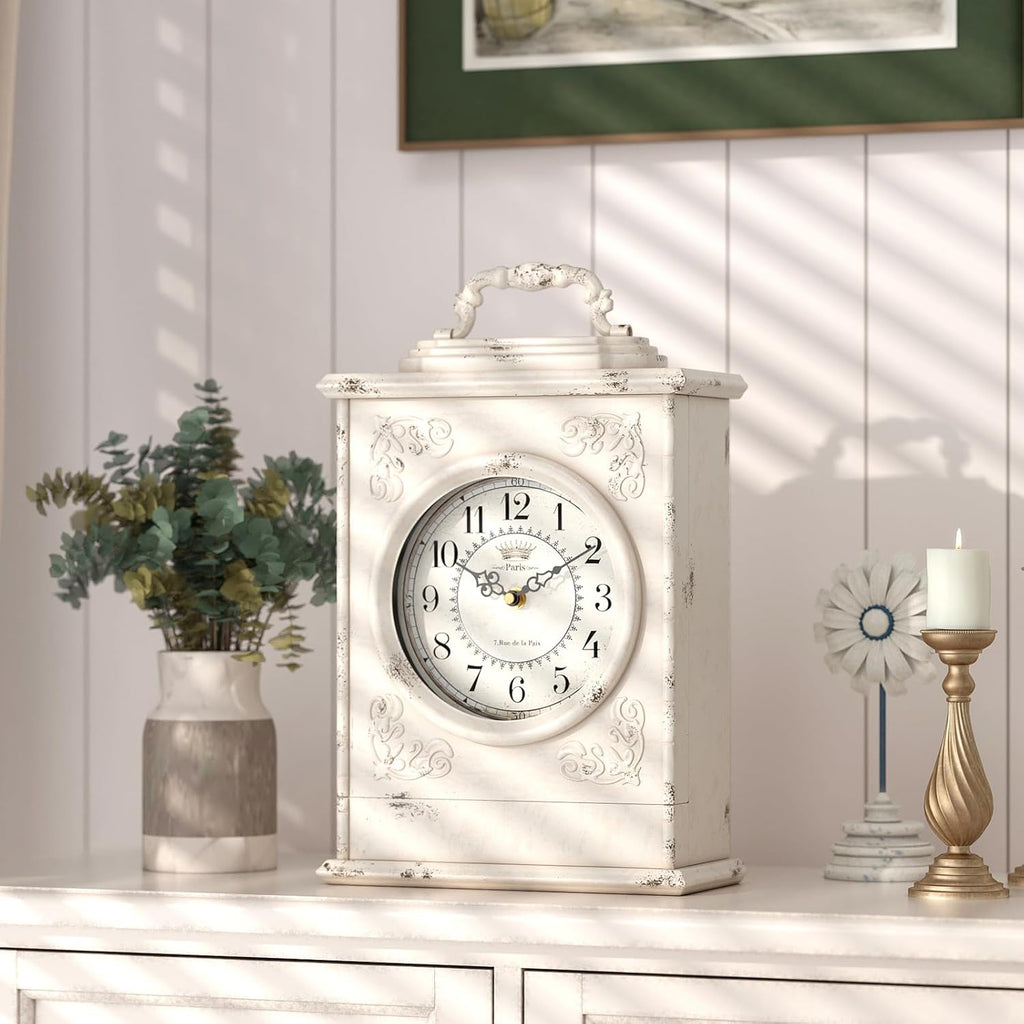 Vintage Mantel Clock with Hidden Safe, Antique White Style Fireplace Clocks