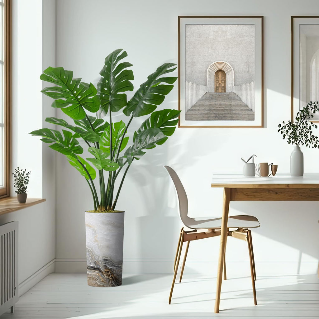Artificial Tree in Modern Granite Effect Planter, Fake Monstera Silk Tree for Indoor and Outdoor Home Decoration