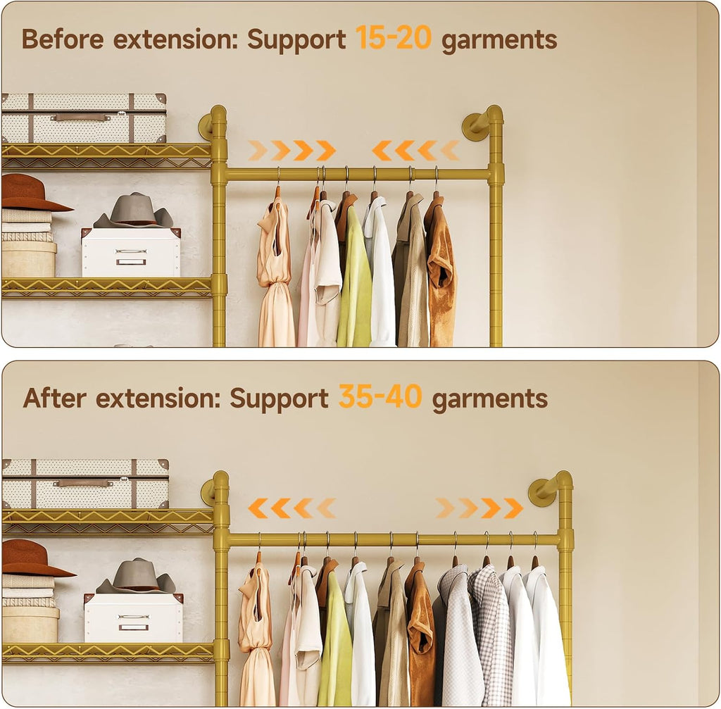 H3 Expandable Wall Mounted Closet System, 5.4FT-8.1FT Closet Organizer with 4 Telescopic Rods & 6 Wire Shelves