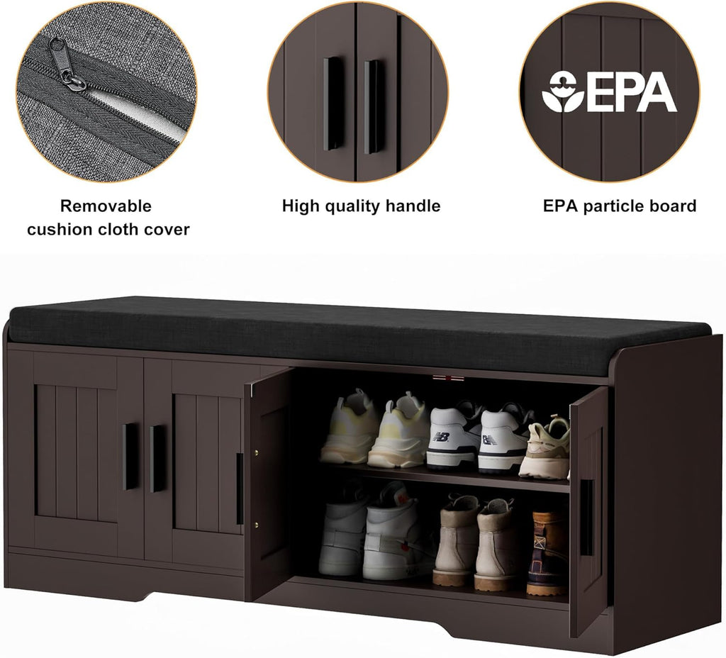 2-Tier Storage Bench, Shoe Bench with Thickened Padded Seat Cushion, Entryway Bench with 4 Doors, Adjustable Shelf