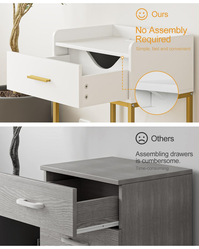 Nightstand with Charging Station, Modern Bedside Table with Drawer and Legs, White and Gold Night Stand with Open
