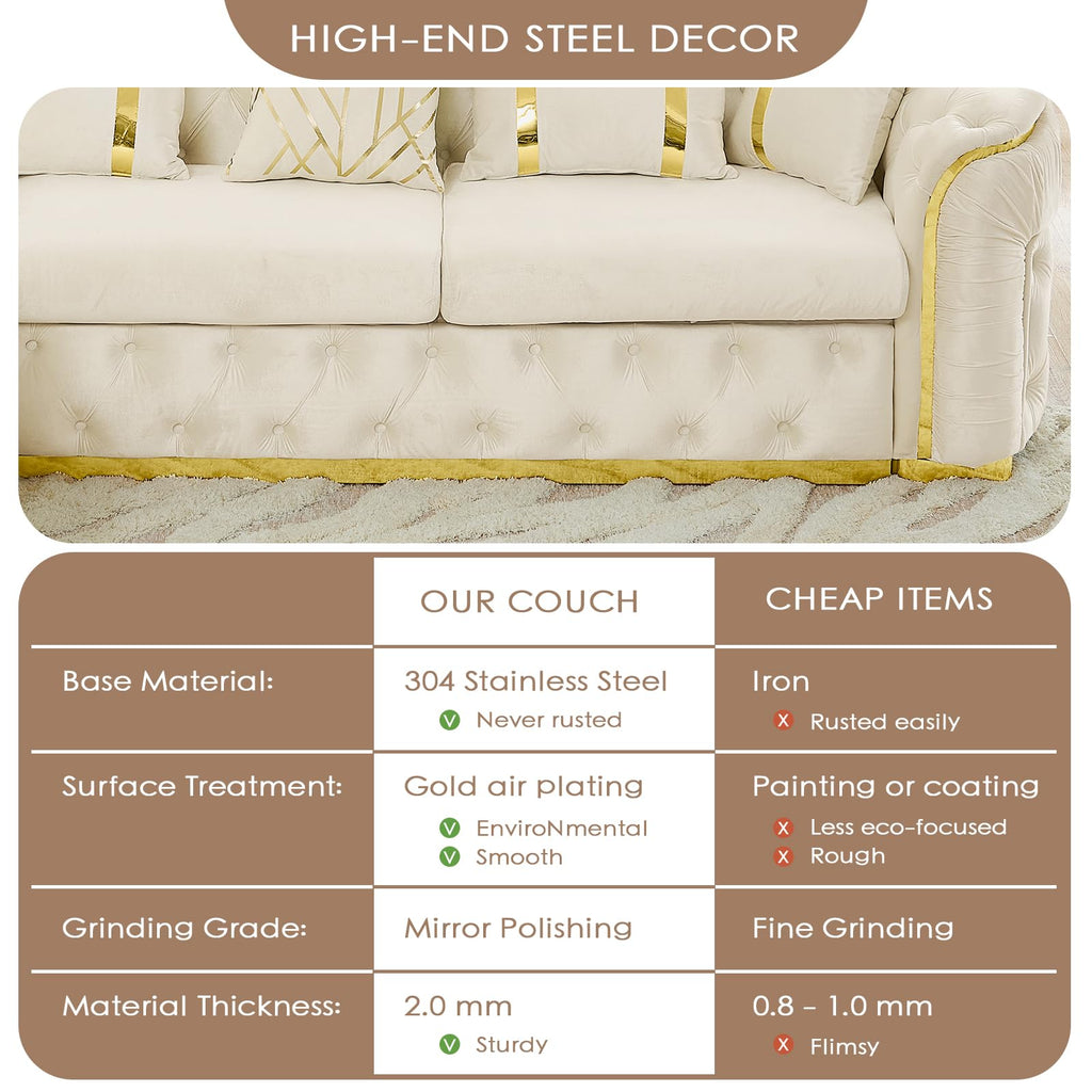 Oversize Luxury Sectional Couch 110.5" Velvet Chesterfield Sofa, Cream White and Gold Sofas with Metal Accents