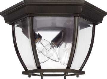 Clear Glass Outdoor Flush Mount Ceiling Light, 3-Light 180 Total Watts, 7" H x 11" W, Old Bronze