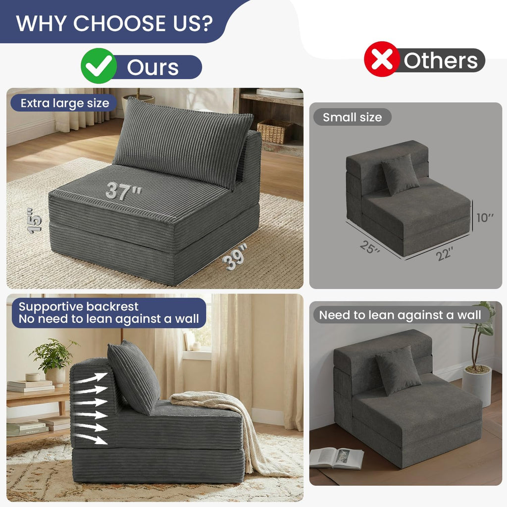 Oversized Folding Sofa Bed,Convertible Sleeper Chair Couch Bed with Pillow,Corduroy Floor Foldable Futon Bed,Comfy