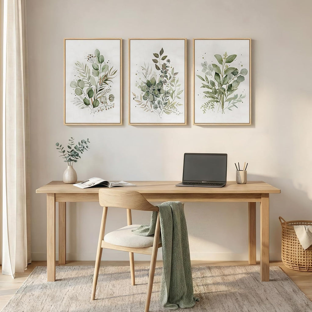 Framed Botanical Wall Art , 3 Piece Neutral Sage Green Eucalyptus Leaf Canvas Prints, Modern Minimalist Watercolor