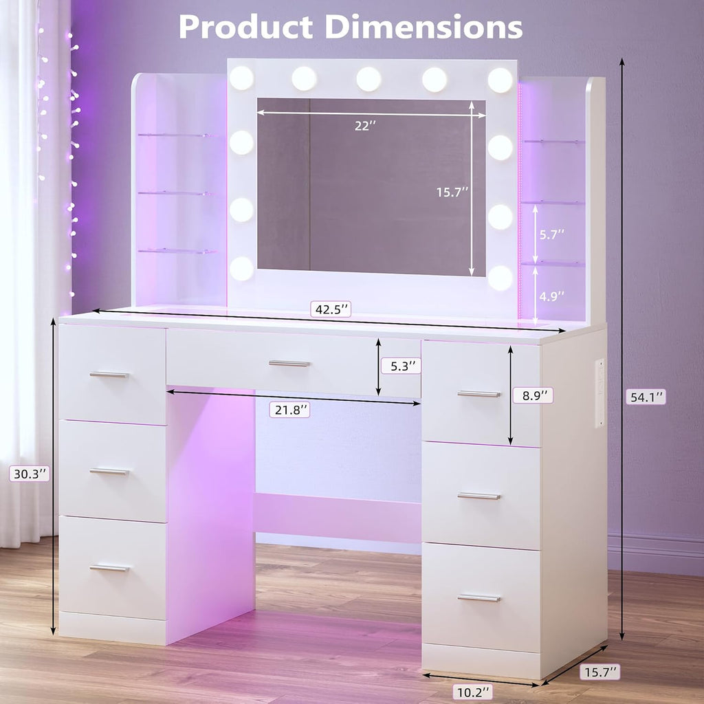 Vanity Desk with Mirror and Hollywood Lights, Makeup Vanity 6 Backlit Open Shelves with Frosted Panel & RGB Light