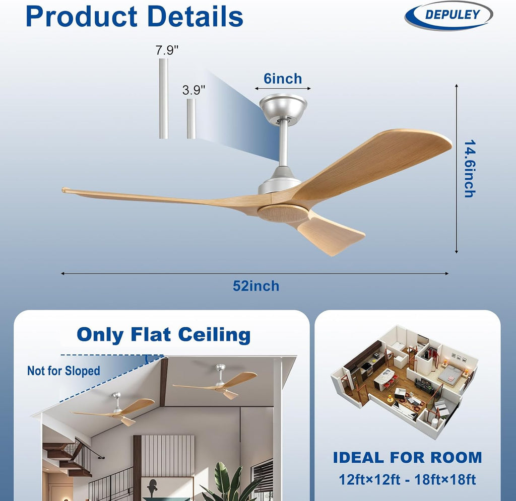 52 Inch 3 Blade Indoor Outdoor Fans for Patios - Wood Ceiling Fan No Light Remote APP Control Ultra Quiet DC Motor Reversible 6 Speed Timer