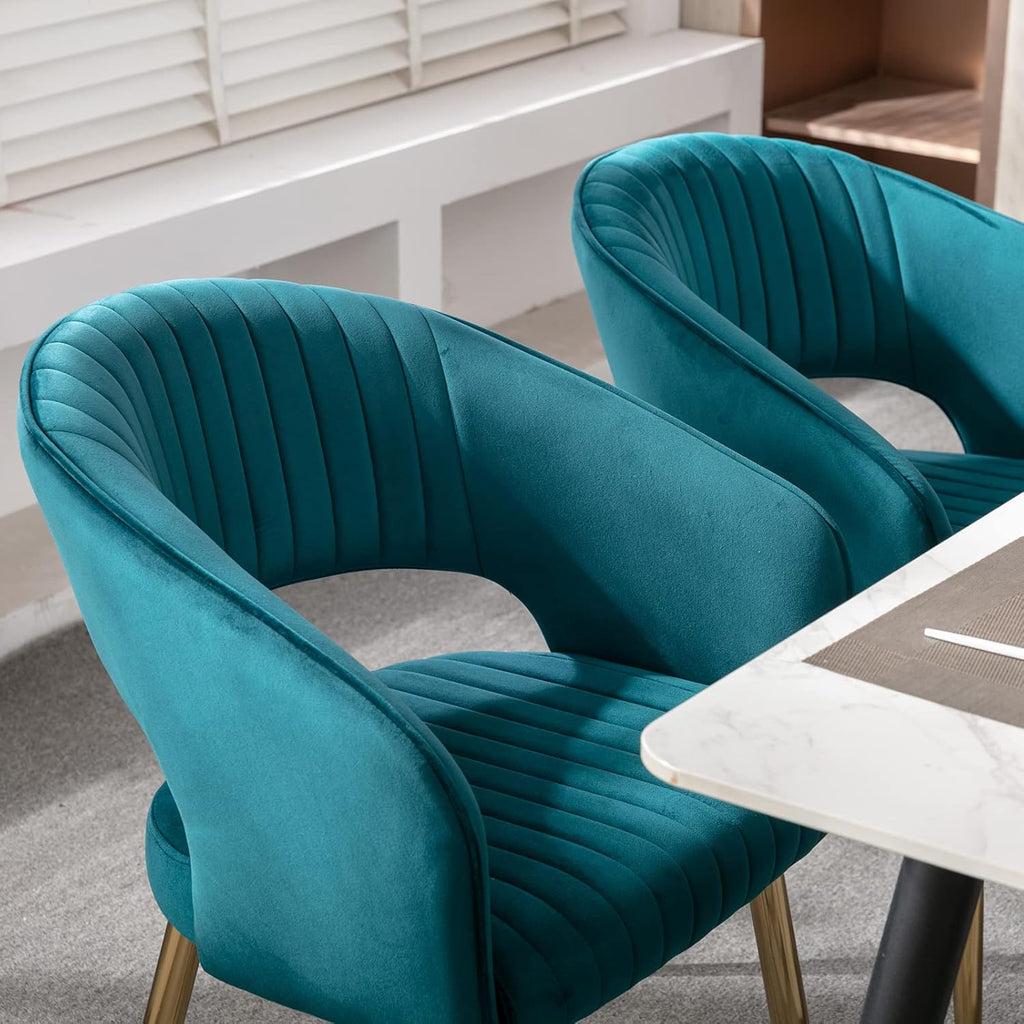 Modern Velvet Dining Chairs Set of 2, Upholstered Gold Dining Chairs with Hollow Back, Dining Room Chairs with Gold
