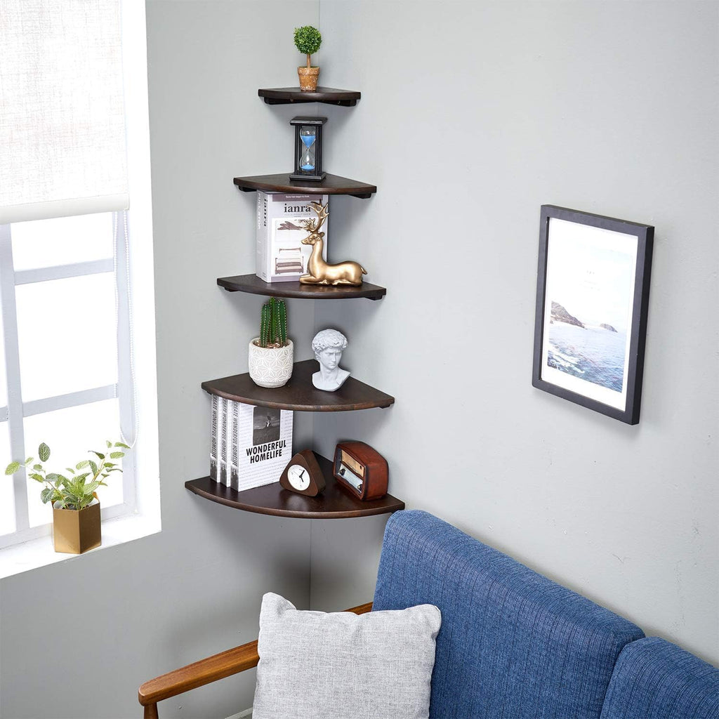 Corner Shelf, Solid Oak Wood Floating Corner Shelf Wall Mount Round End Floating Speaker with Wire Hole for Small